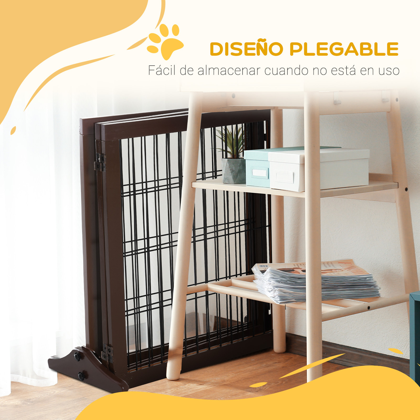 Barrera para Perros de 3 Paneles Barrera de Seguridad para Perros con Estructura de Madera y Patas de Apoyo para Pasillo Escalera 185x36x71 cm Marrón