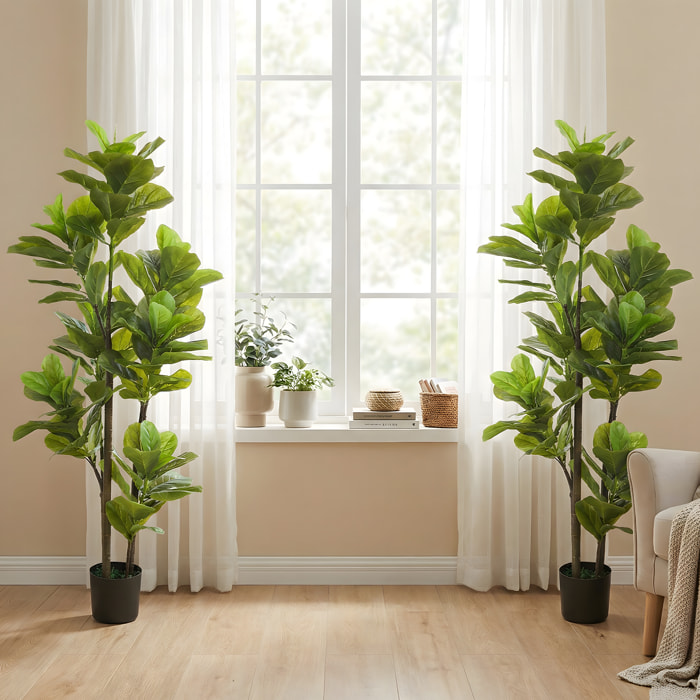 Ficus Lutea artificiels 1,50H m - lot de 2 ficus artificiels - 120 feuilles réalistes par pied - pot inclus noir vert