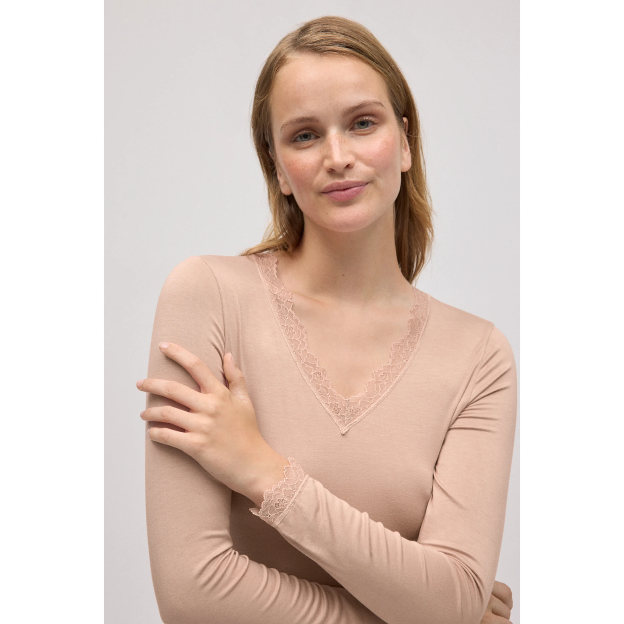 Canottiera a maniche lunghe in bambù beige