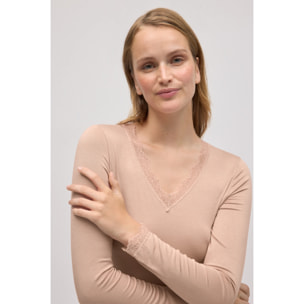 Canottiera a maniche lunghe in bambù beige