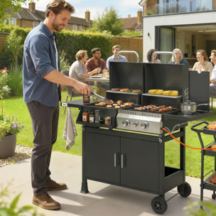 Barbecue hybride gaz et charbon de bois barbecue mixte 2 en 1 avec 3 brûleurs et feu latéral thermomètre - acier - noir