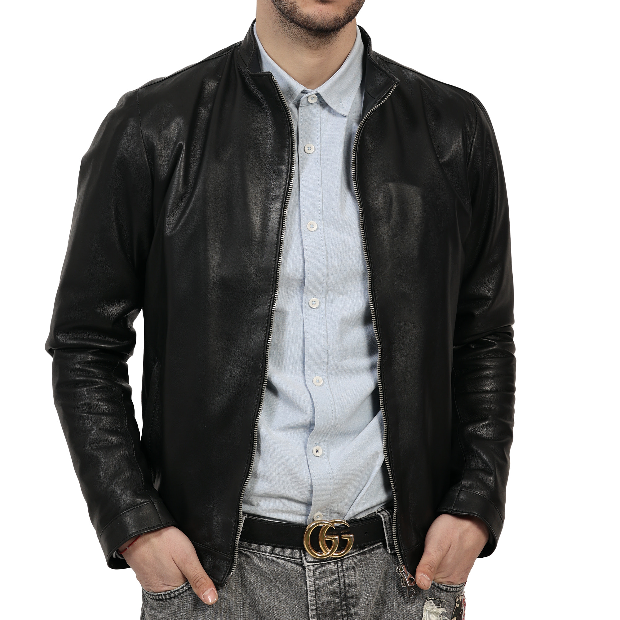 Giubbino in pelle di vitello nappa Nero-Slim Fit