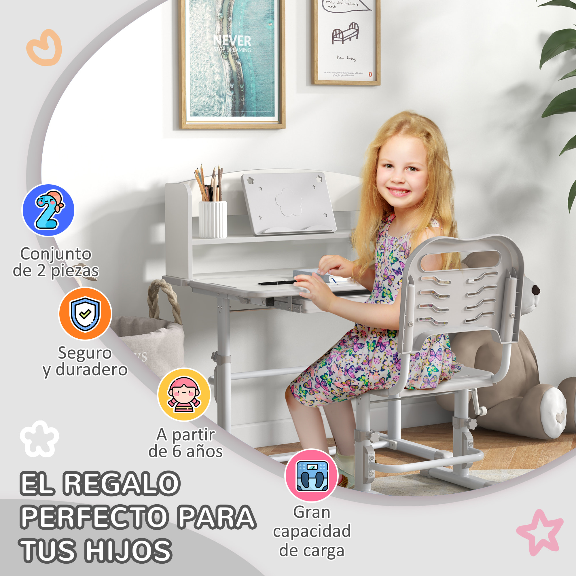 Juego de Escritorio y Silla para Niños de 6-12 Años Pupitre Infantil Altura Ajustable con 1 Cajón 1 Estante para Libros y Ángulo de Mesa Ajustable 80x54,5x82-104 cm Gris y Blanco