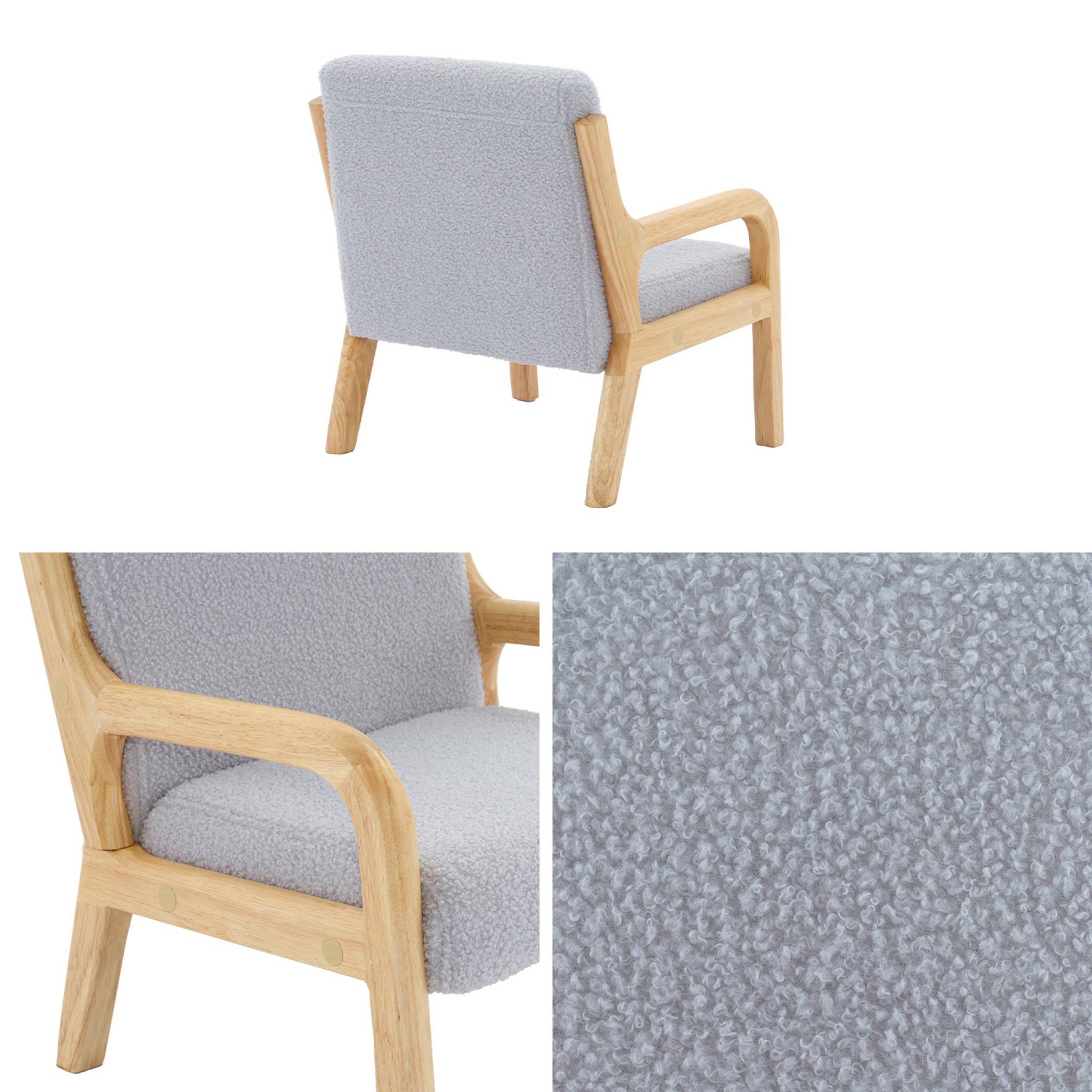 Fauteuil scandinave enfant en bois et tissu bouclette gris souris