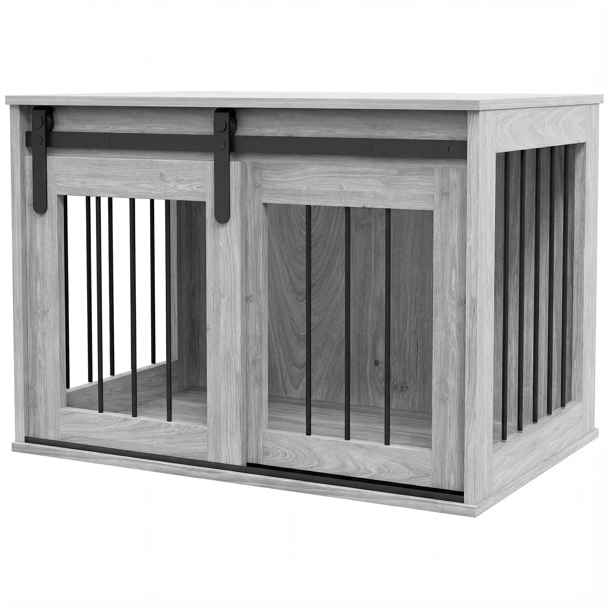 Cage pour chien animaux style industriel - porte coulissante verrouillable - acier noir aspect bois gris