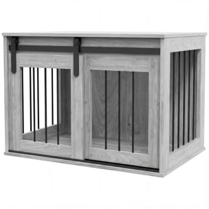 Cage pour chien animaux style industriel - porte coulissante verrouillable - acier noir aspect bois gris
