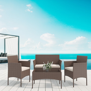 Set Di Mobili da Giardino Salotto Salottino in Rattan 4 Posti con Tavolino Ripiano In Vetro 2 Poltrone Divano 2 Posti Giardino Esterno Cuscini Marrone