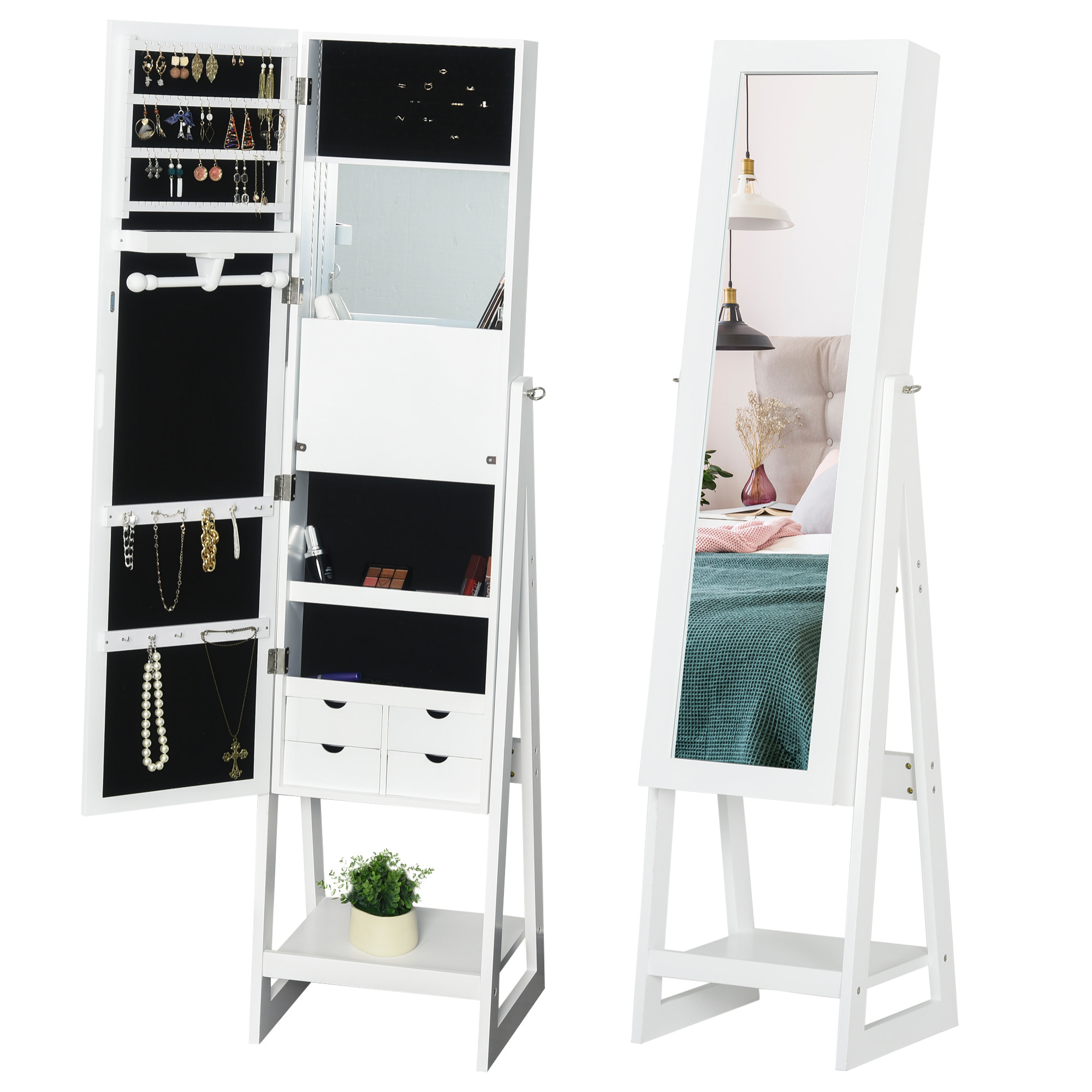 Armoire à bijoux multi-rangement avec miroir LED dim. 40L x 37l x 161H cm MDF blanc