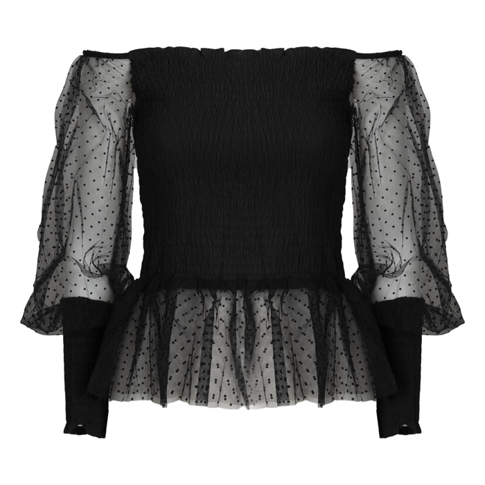 BLUSA SHIRRED CON MANICHE IN TULLE