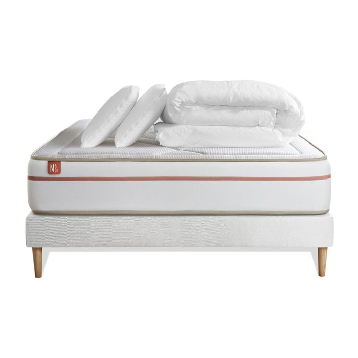 Pack Matelas Le Paisible - 24cm - Mémoire de forme - Matériaux éco-responsable - Sommier Tapissier Blanc - Avec couette et oreillers