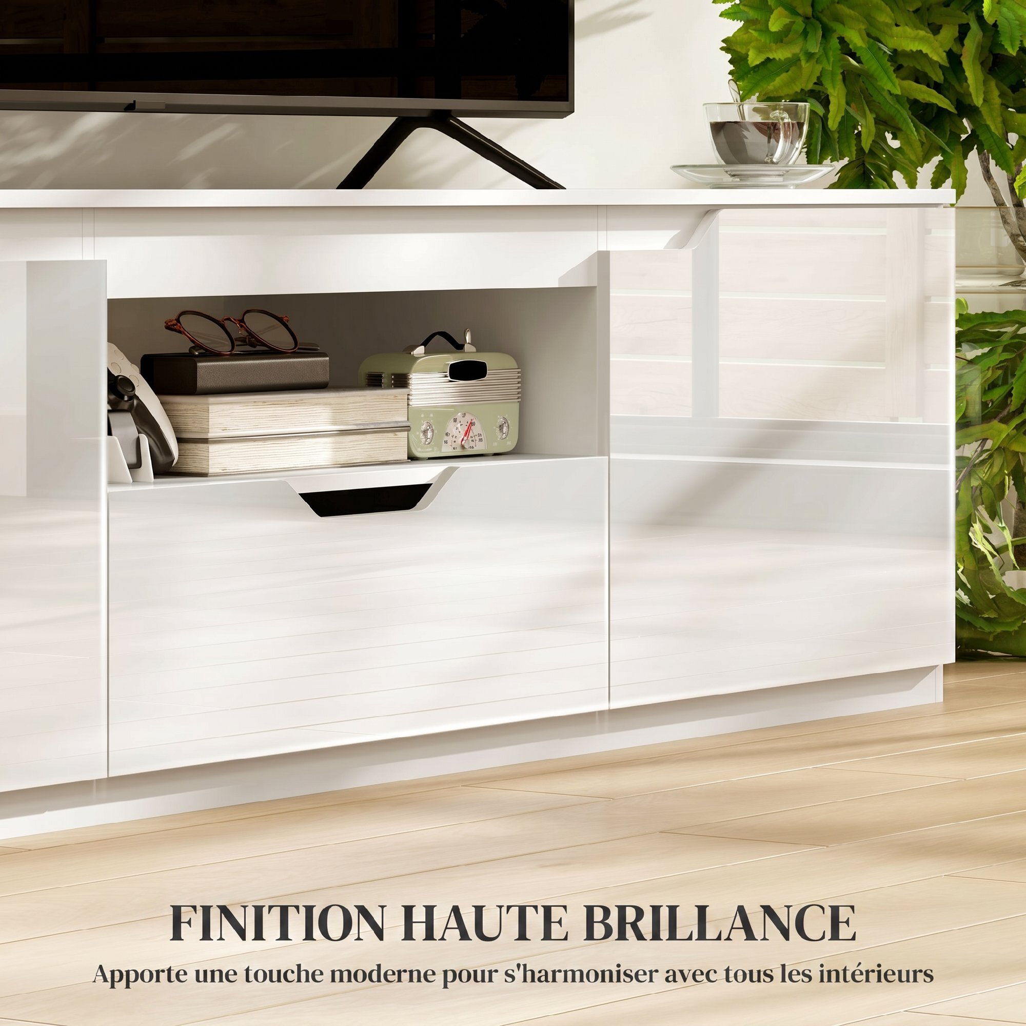 Meuble TV design façade laquée 2 portes tiroir niche blanc