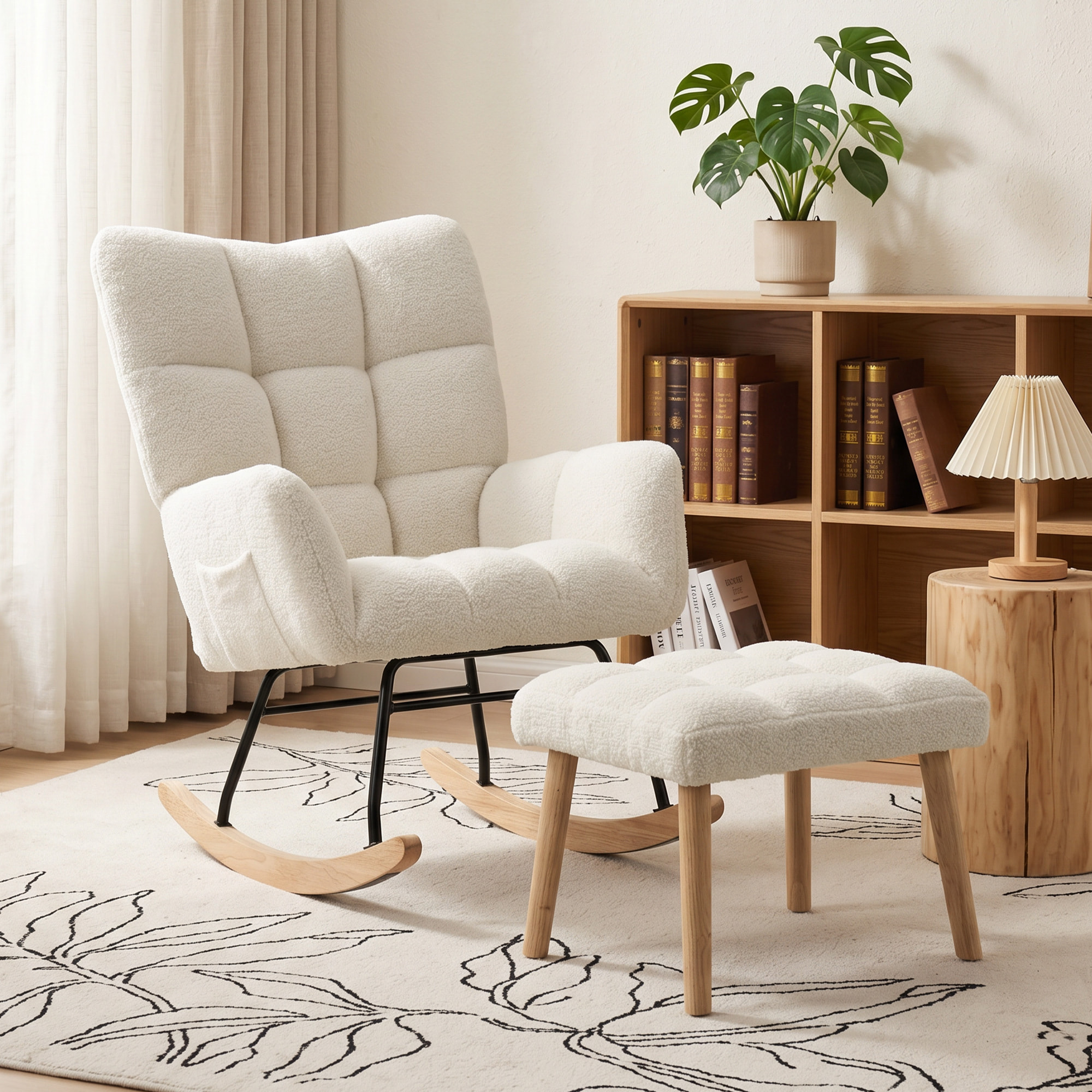 Fauteuil à bascule avec repose-pieds style nordique bouclette crème