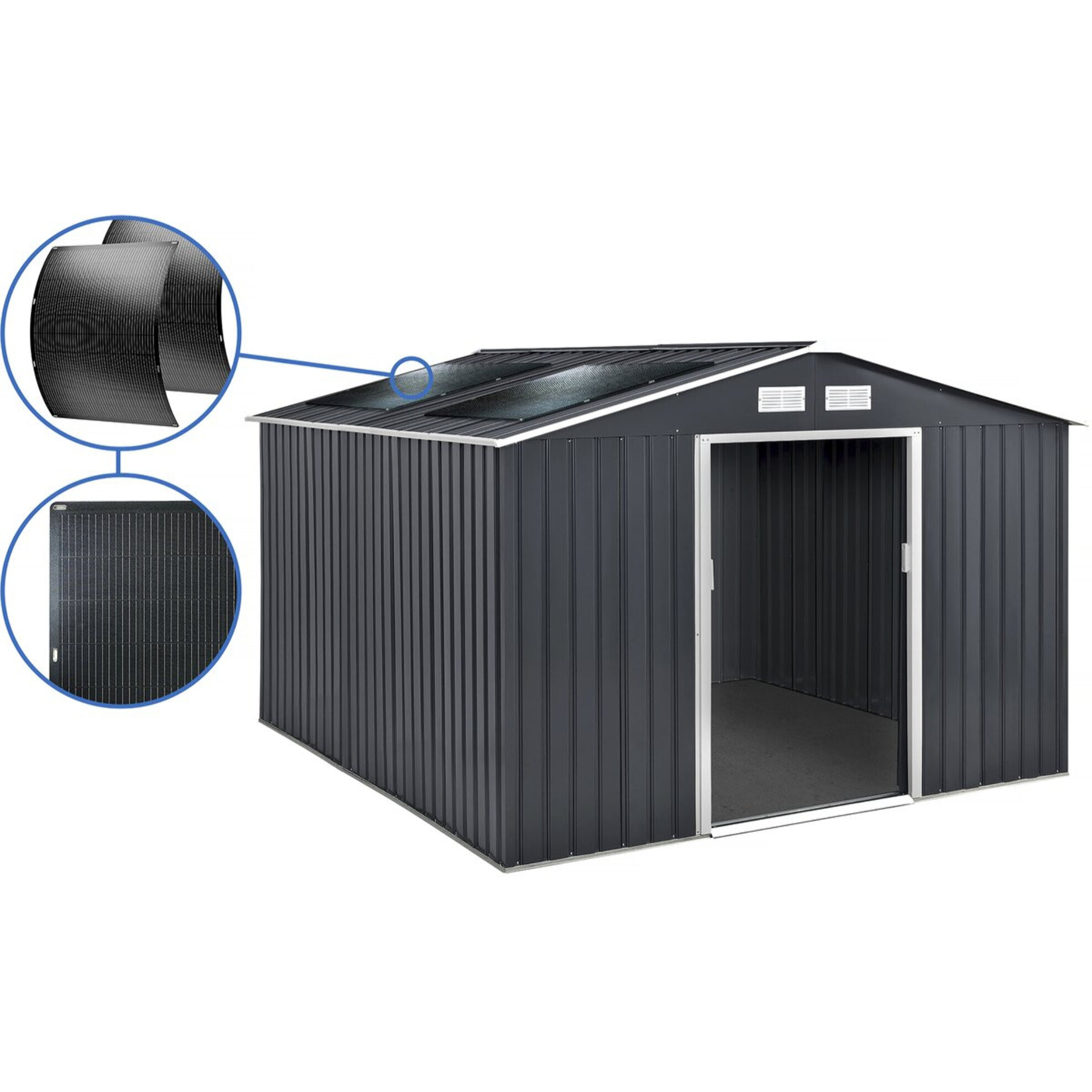 Abri de jardin métal - "Vegas"- 15 m² avec panneaux solaires - Gris