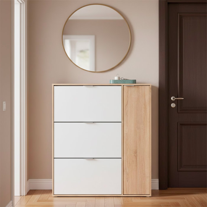 Scarpiera Salvaspazio A 3 Ribalte E 1 Anta Con Ripiani Mobile Porta Scarpe Da 30 Paia Per Ingresso Corridoio Cameretta 106x115x22 Cm Bianco E Rovere