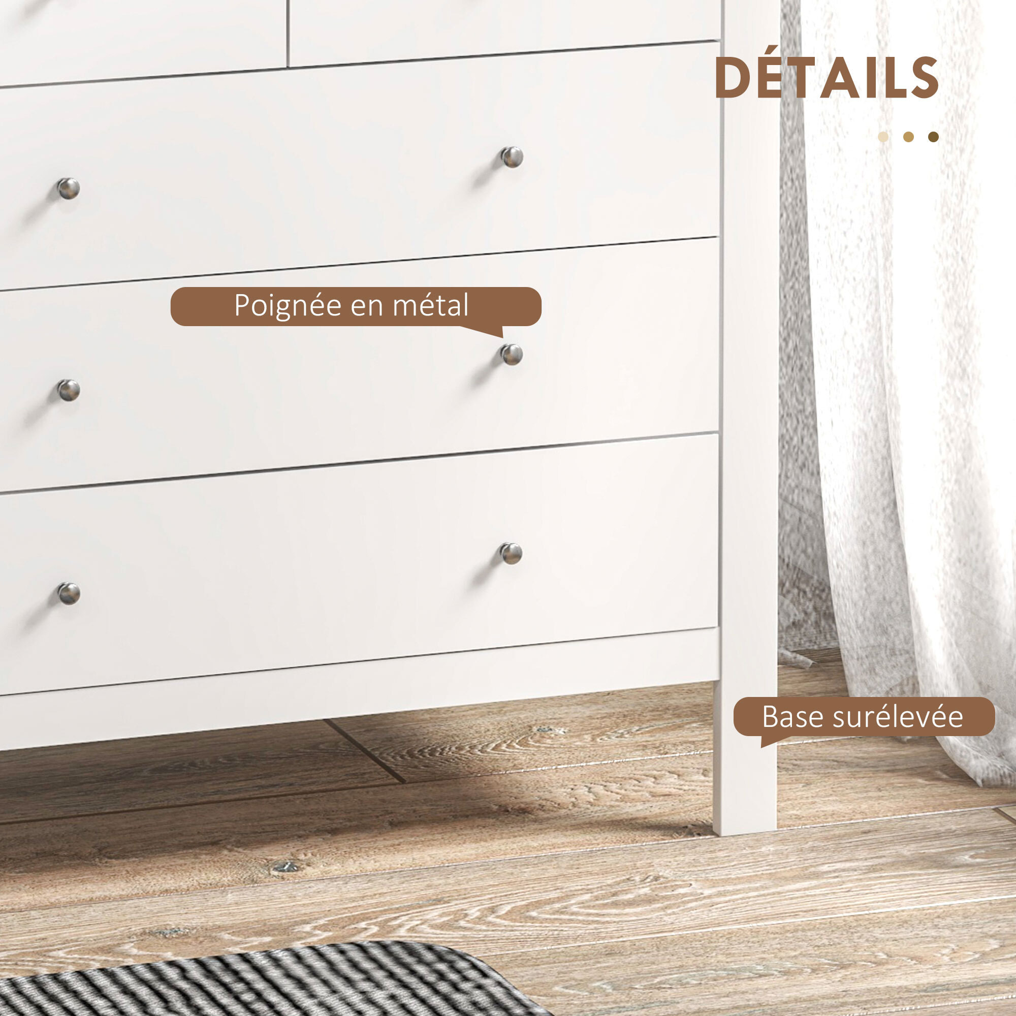 Commode 5 tiroirs style contemporain dim. 79L x 39,5l x 80,5H cm poignées boutons métal MDF blanc