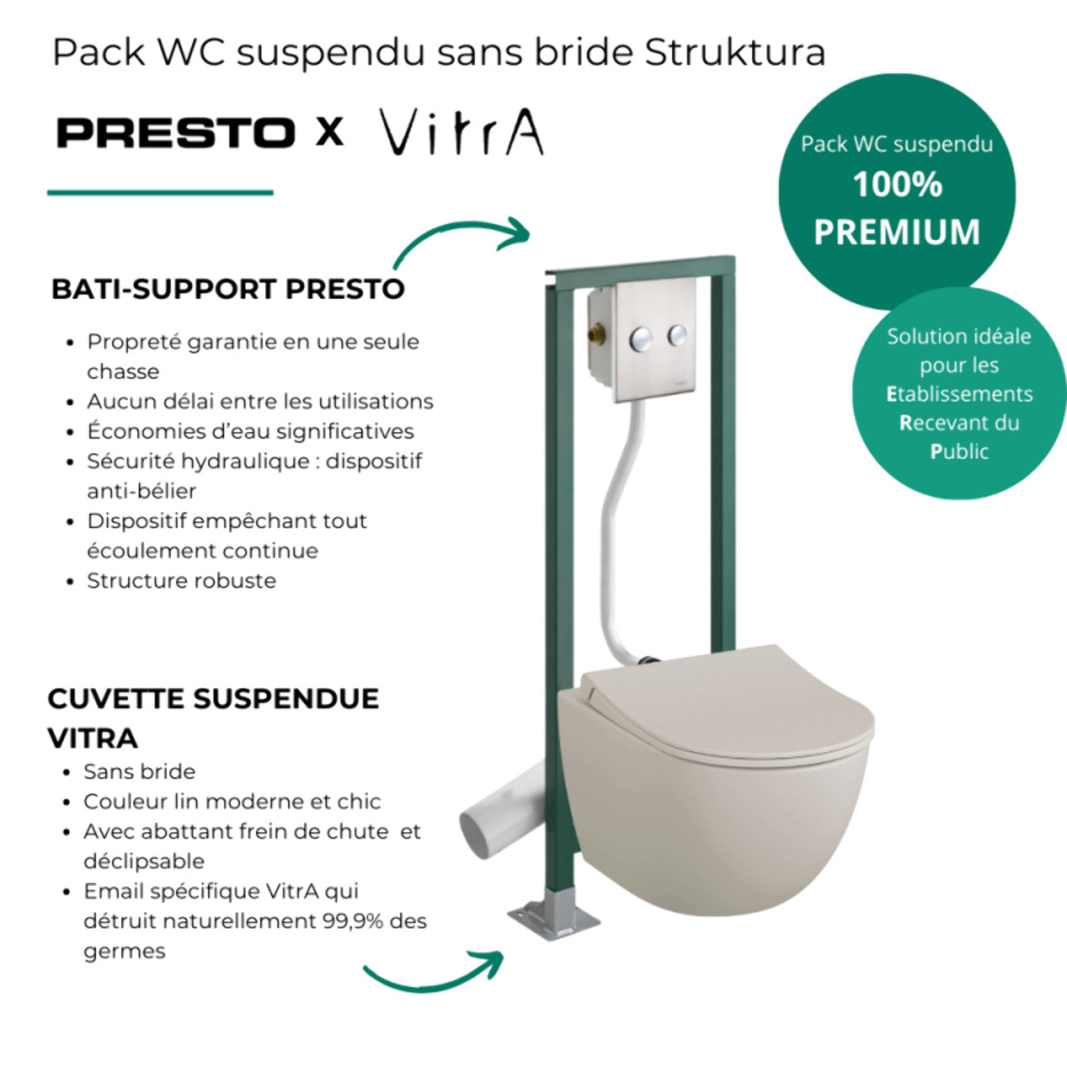 Pack WC suspendu sans bride Sento lin + Abattant frein de chute + Bâti-support autoportant PRESTO + Plaque chromée