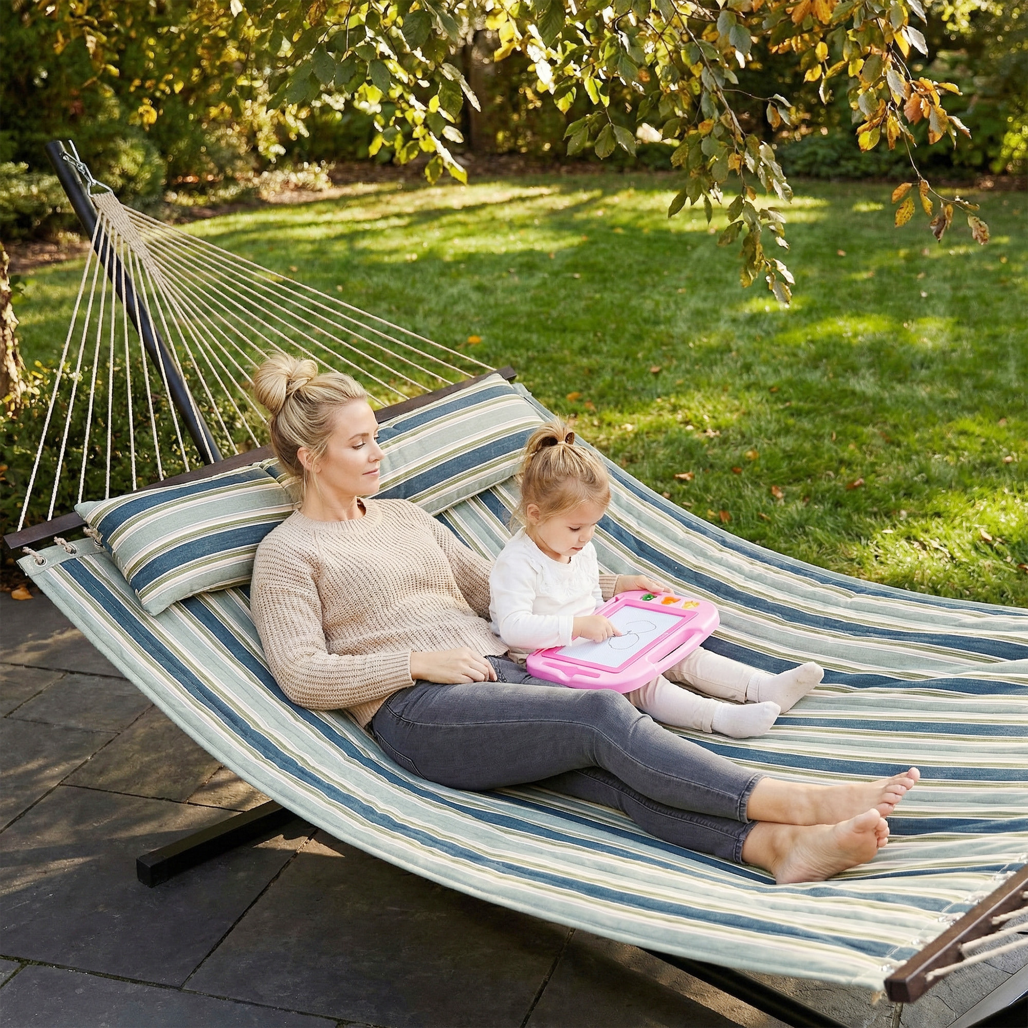 Hamaca con Soporte, Hamaca de Jardín Portátil con Almohada Desmontable, Barras Separadoras, Marco de Acero, Carga 120 kg, para Patio, Terraza, Diseño Rayas, 353x94x115 cm, Verde
