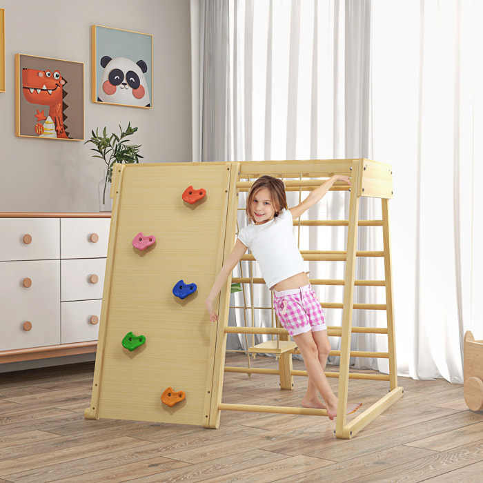 Ensemble d'escalade aire de jeux 5 en 1 avec balançoire, mur d'escalade, filet à grimper, échelle horizontale, jouets d'escalade pour enfants, 120 x 105 x 120 cm, bois naturel