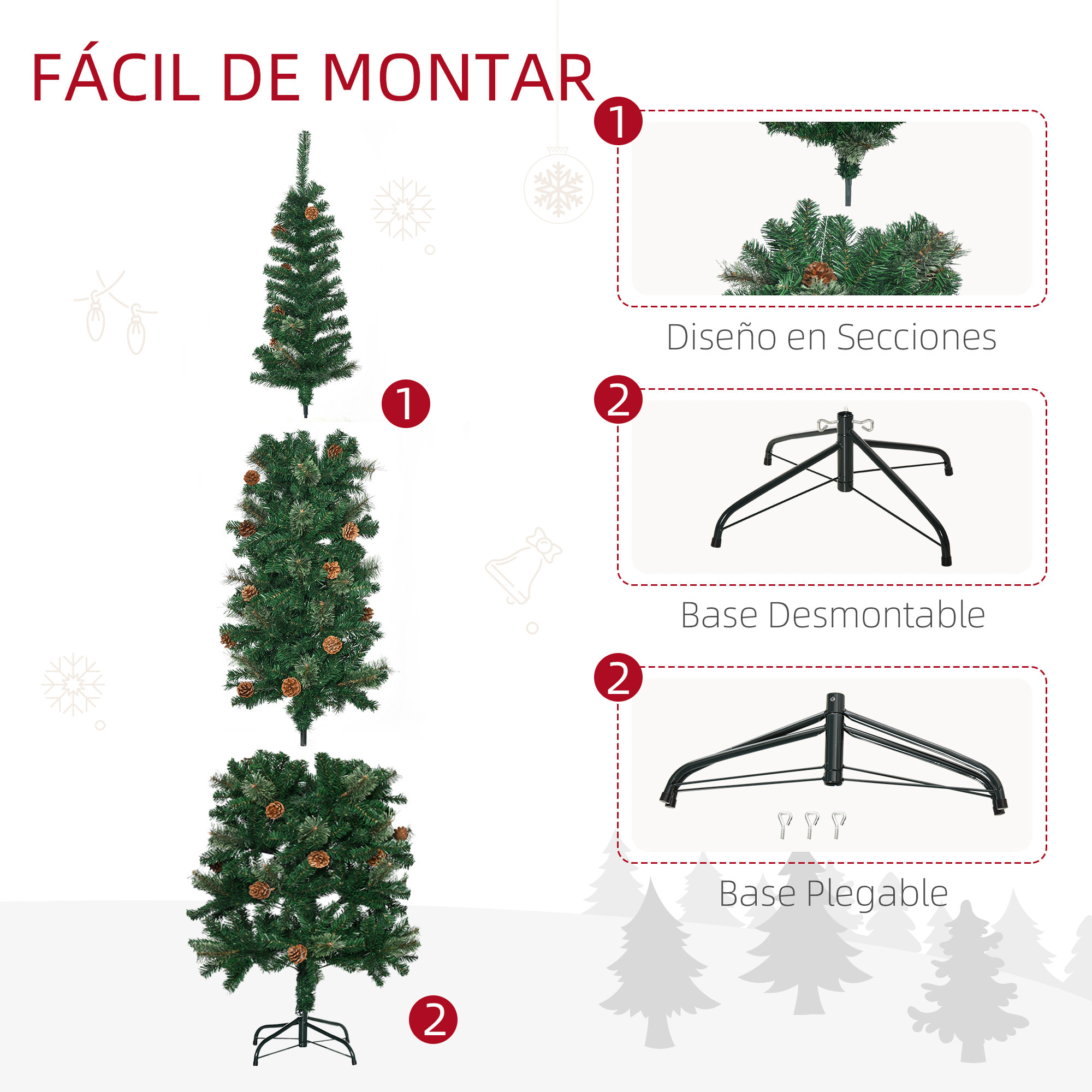 Árbol de Navidad Artificial 225 cm Árbol de Navideño de 706 Ramas Árbol de Navidad Estrecho Forma de Lápiz con 56 Piñas Base Plegable cm Verde