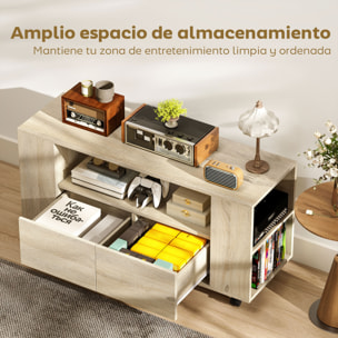 Mueble de TV con Ruedas, Mesa de TV Móvil, Mueble para Televisión hasta 42 Pulgadas, con 2 Cajones, Estantes Ajustables, para Salón, Comedor, Dormitorio, Madera Natural