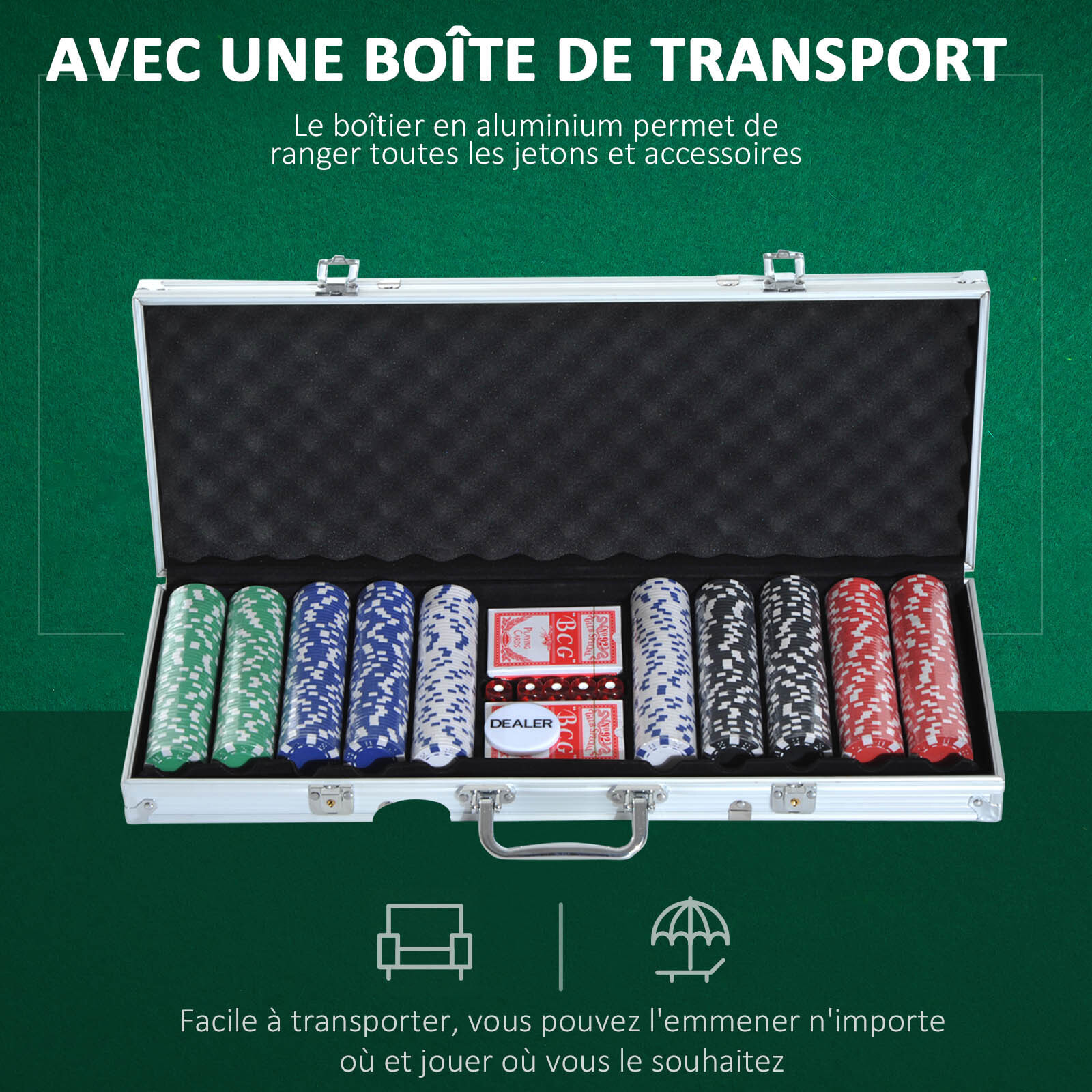 Mallette professionnelle de Poker 500 jetons 2 jeux de cartes 5 dés bouton dealer 2 clés alu