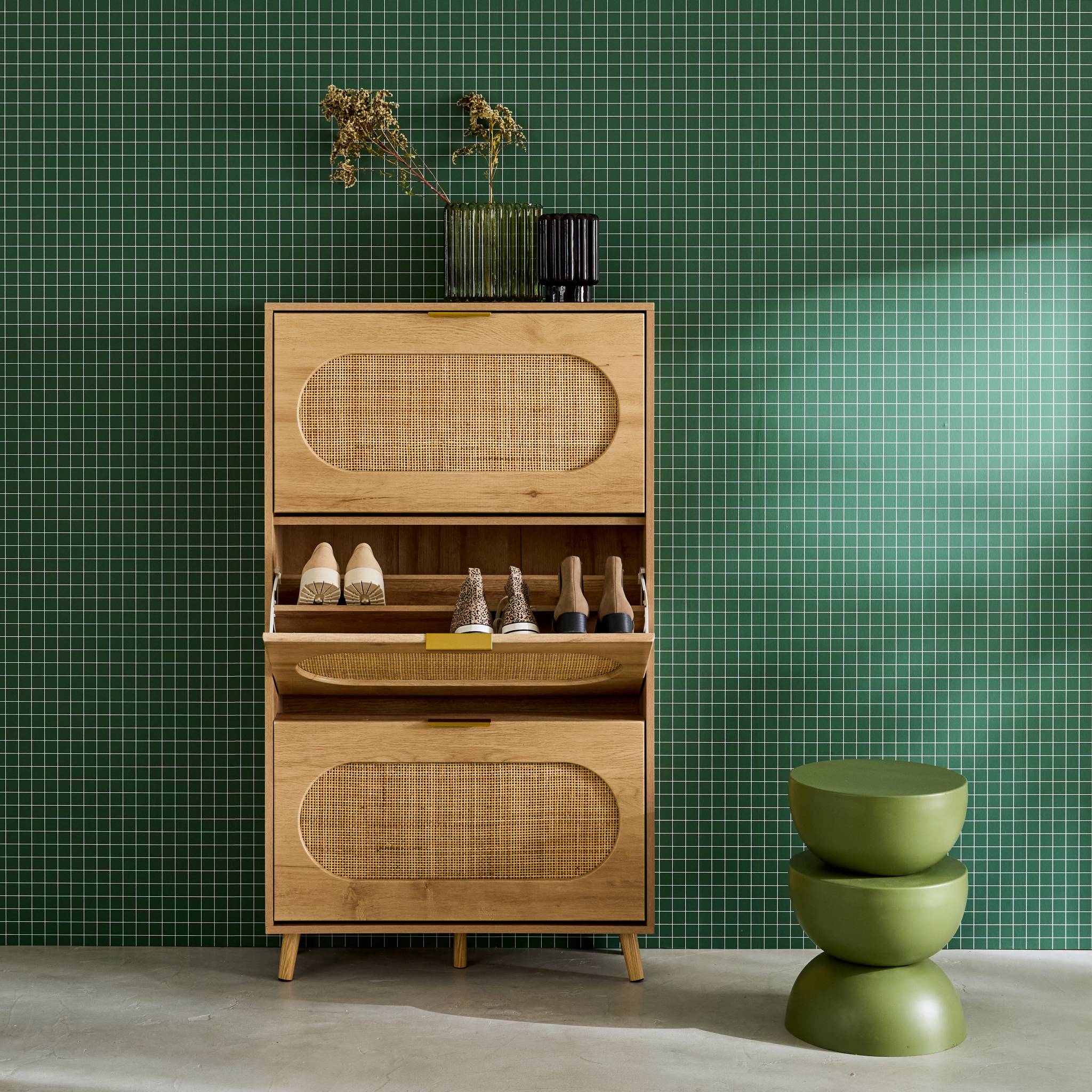 Meuble à chaussures décor bois et cannage 3 tiroirs. poignées en métal - L 75 x P 26 x H 131 cm - Eva