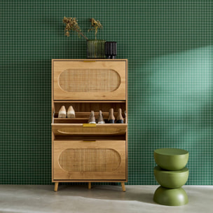 Meuble à chaussures décor bois et cannage 3 tiroirs. poignées en métal - L 75 x P 26 x H 131 cm - Eva