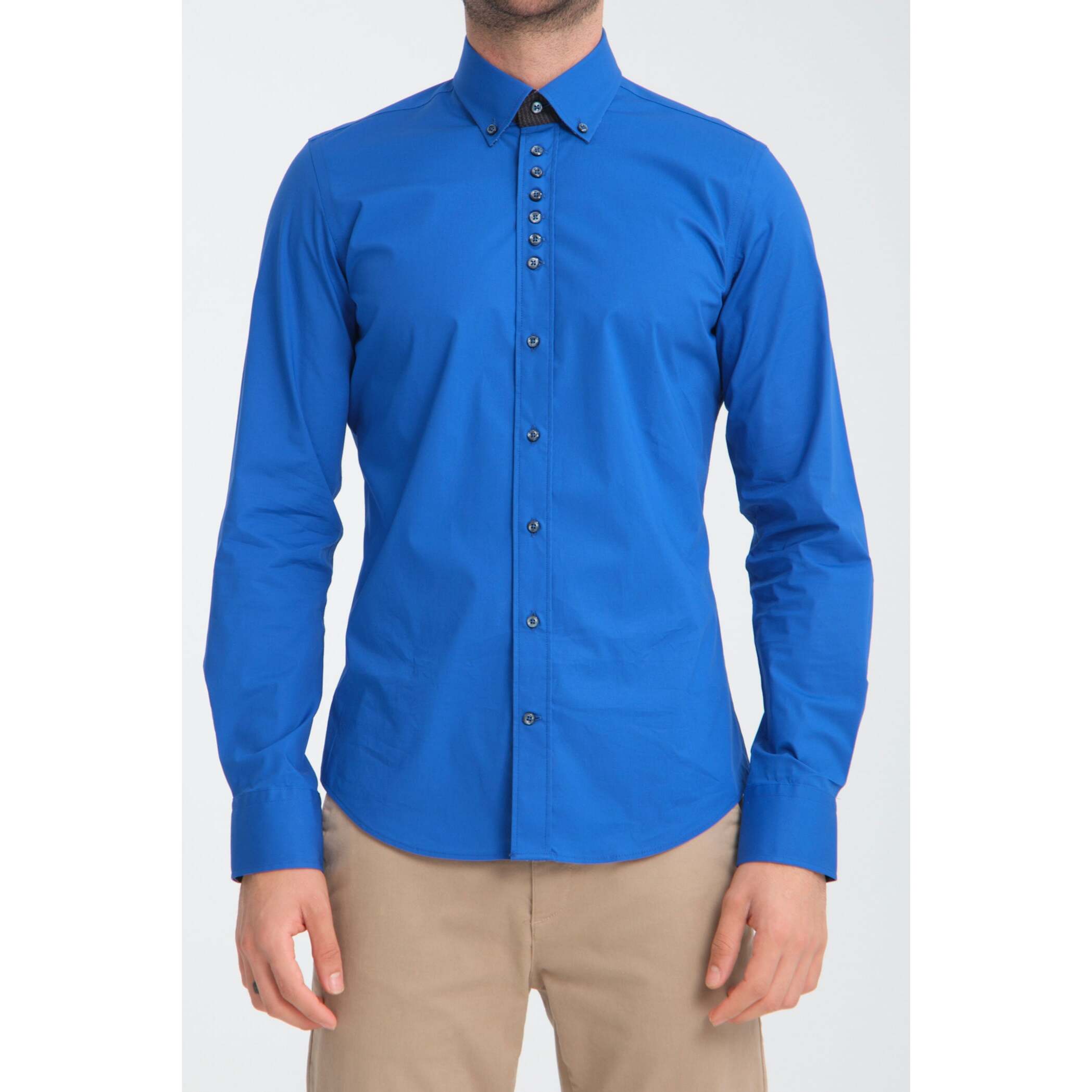 Camicia Uomo 1 Bottoni Button Down Slim Popeline Stretch Unito Bluette
