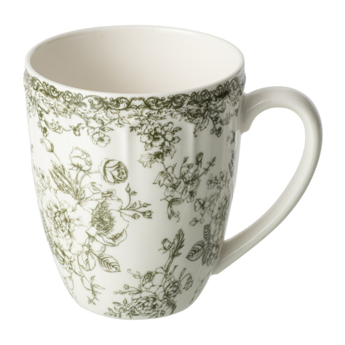 J-Line Mug fleurs - céramique - vert foncé/blanc - set de 6