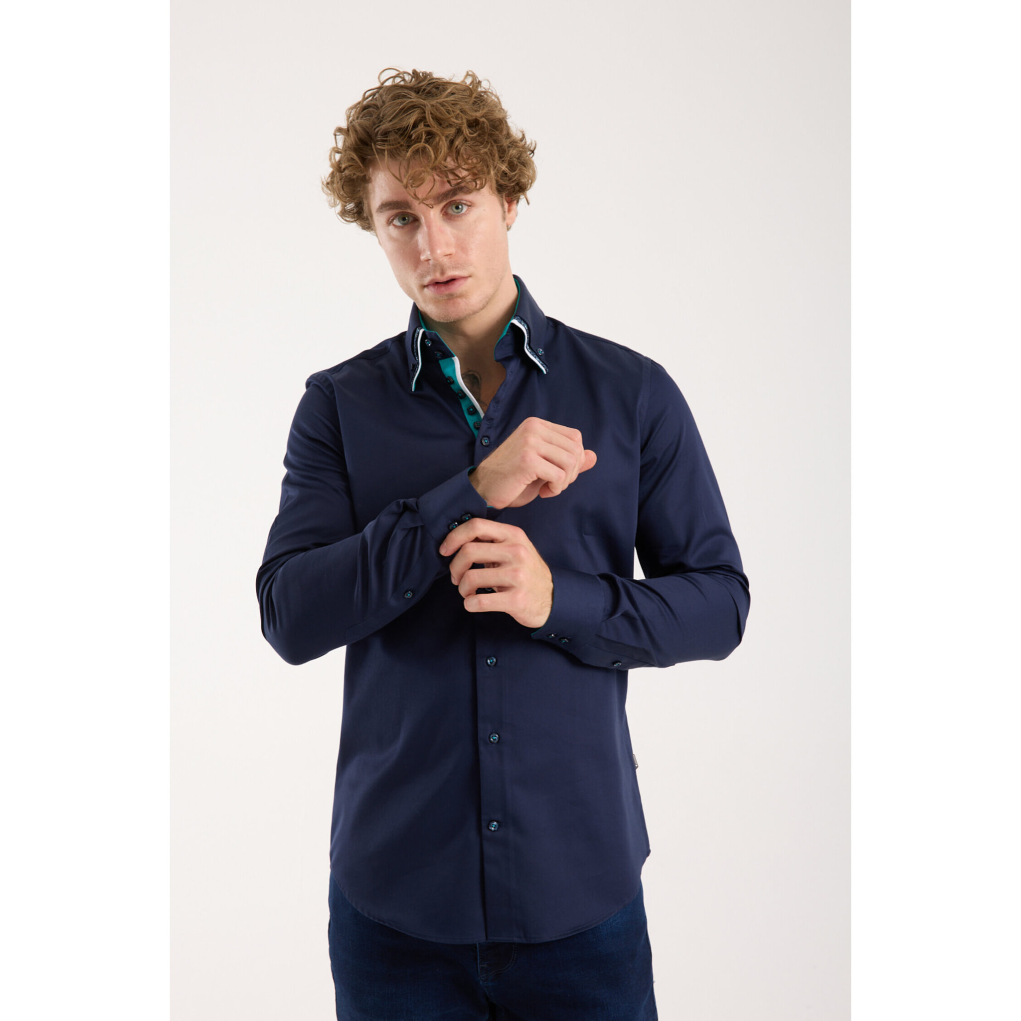 Camicia Uomo 2 Bottoni Button Down Triplo Collo Slim Satin Unito Blu
