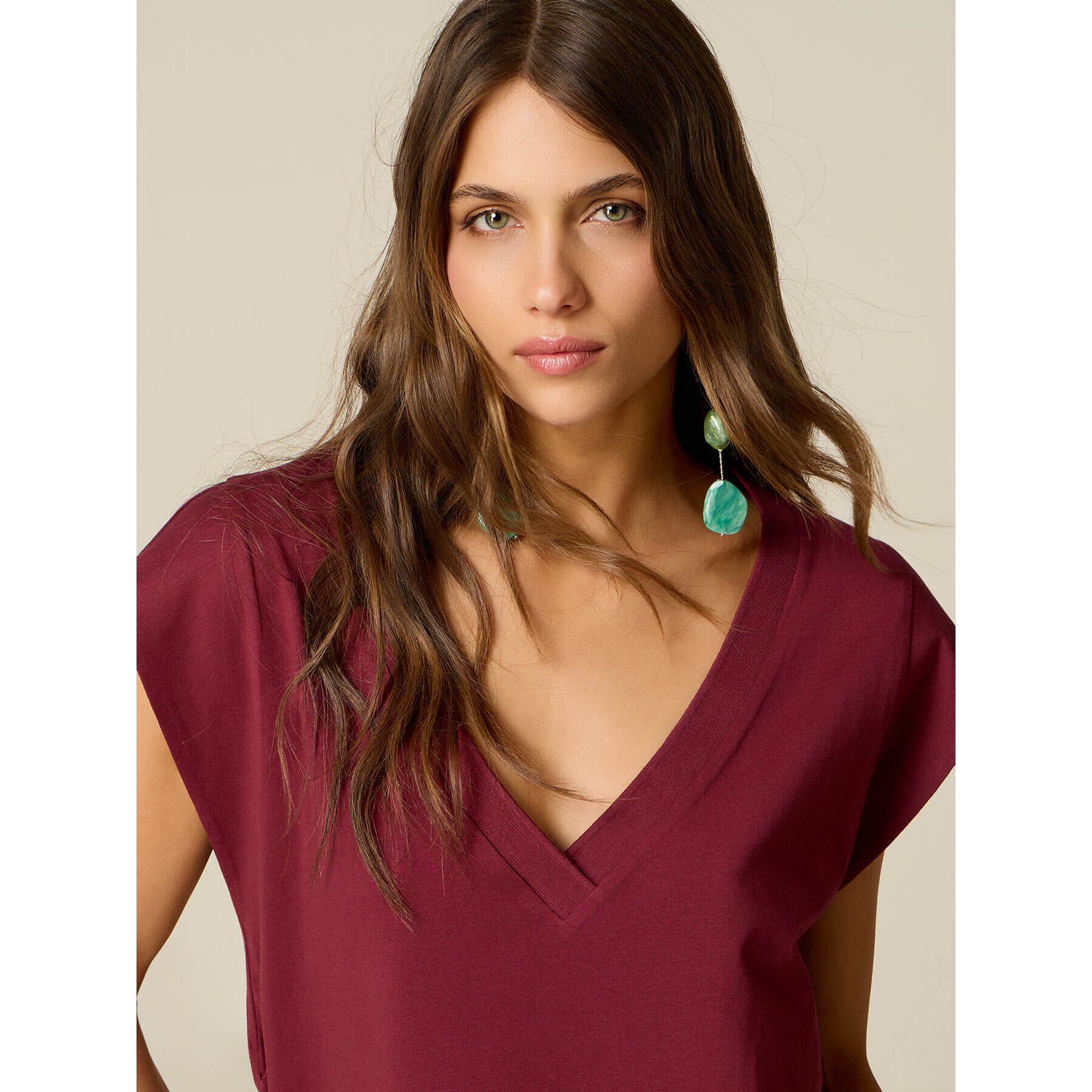Oltre - Camiseta de algodón con cuello en V - Burgundy