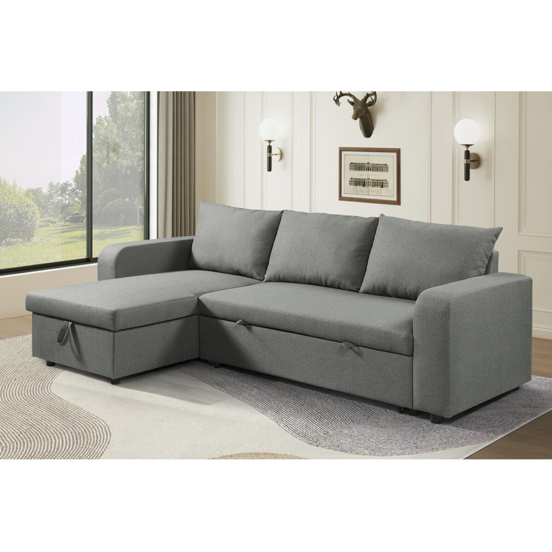 Canapé d'angle réversible/convertible en tissu "Victor" - 3 places - Gris