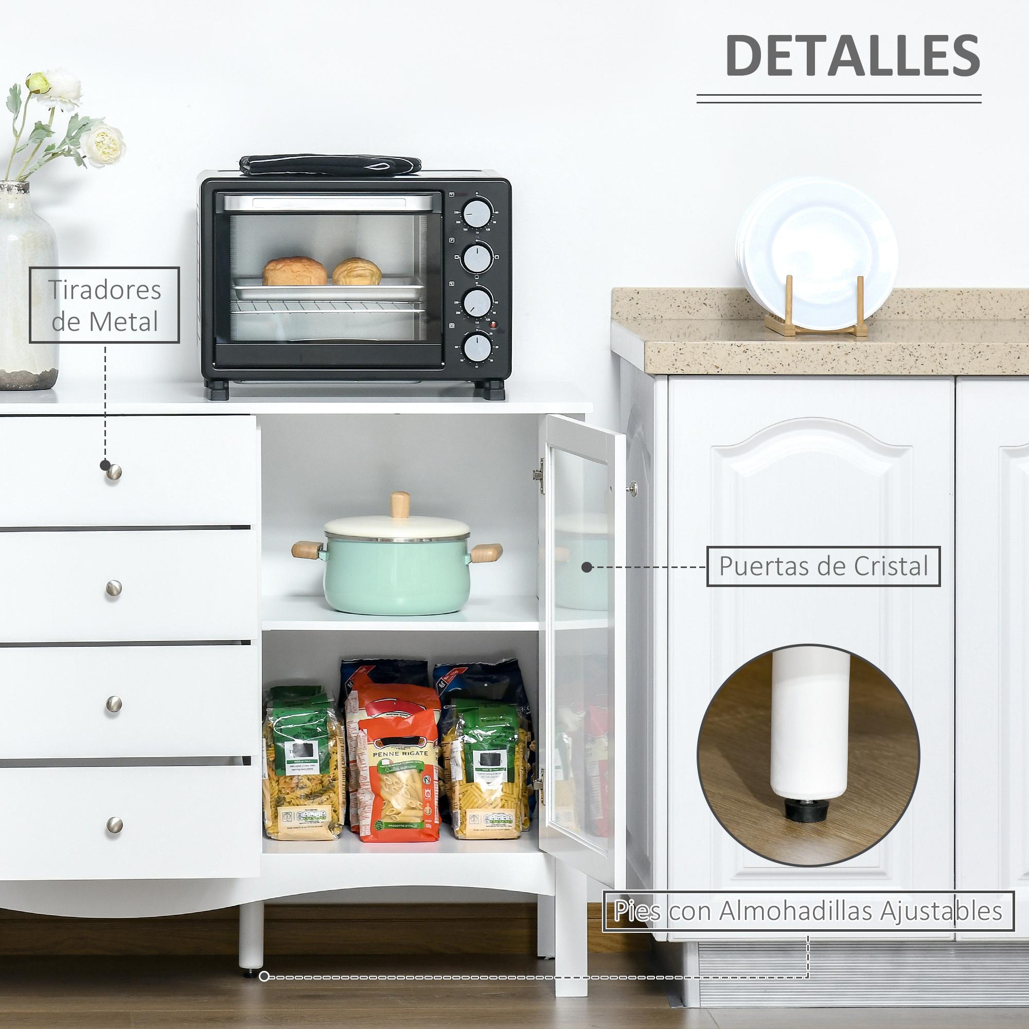 Aparador de Cocina Armario Buffet con 2 Puertas de Vidrio Estante Ajustable Interior y 4 Cajones Mueble Auxiliar para Comedor Salón 136x45x85 cm Blanco