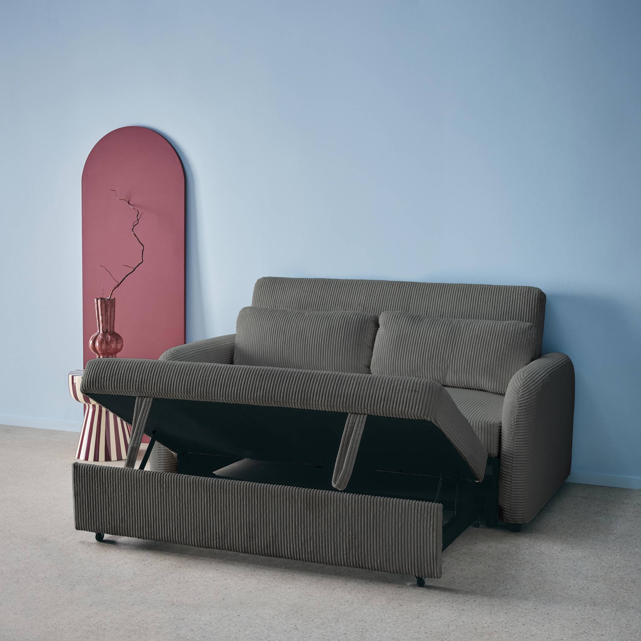 Canapé convertible arrondi 2 places velours côtelé gris foncé L 168 x P 90 x H 88cm - Lino