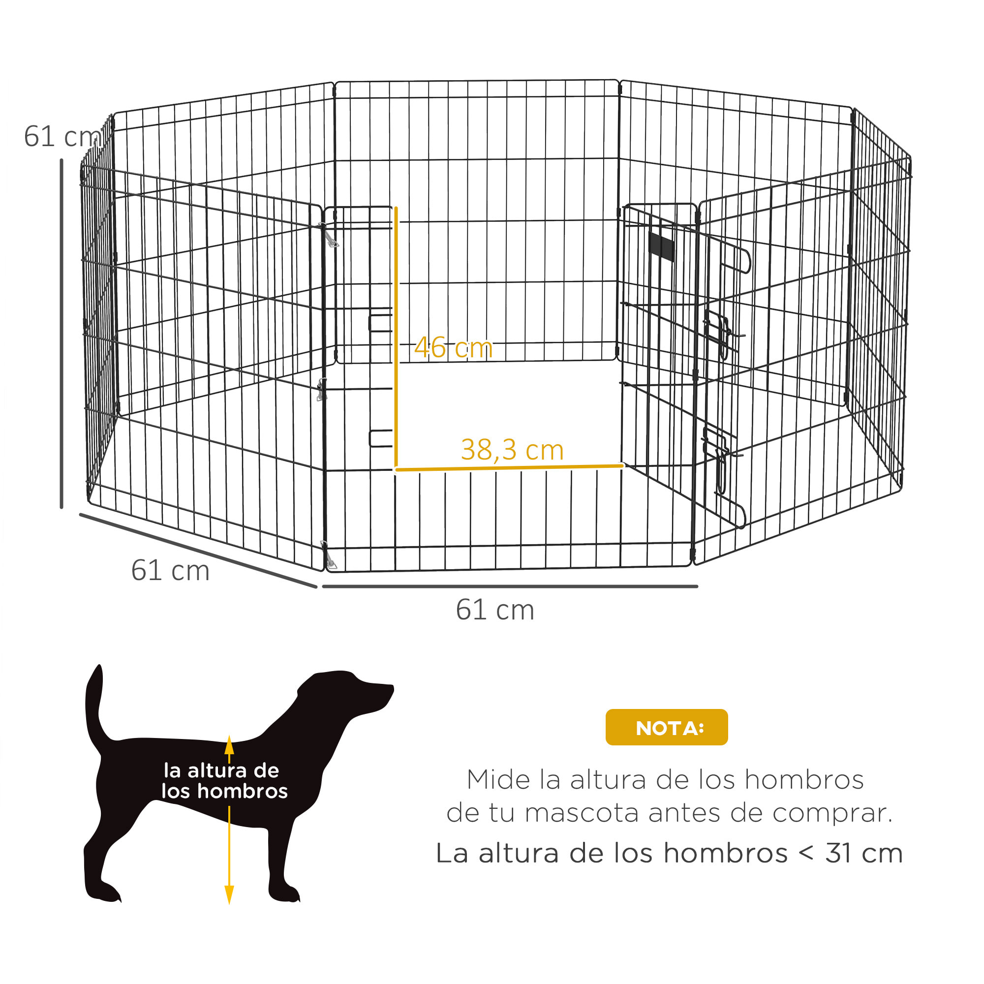 Parque de Juegos para Perros 8 Paneles 61x61 cm Plegables Jaula Metálica para Mascotas con Puerta y Doble Cerradura para Jardín Patio Exterior Negro