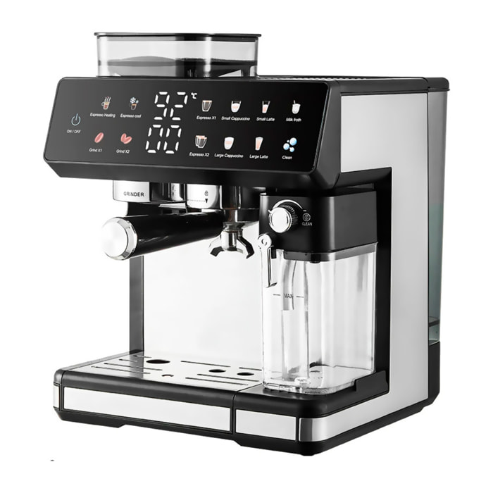 Cafetera de 1350W con 20 niveles de molido y sistema dual para café frío o caliente. Pantalla táctil, varilla de vapor, 20 bar de presión y tanque de 2,7 L.