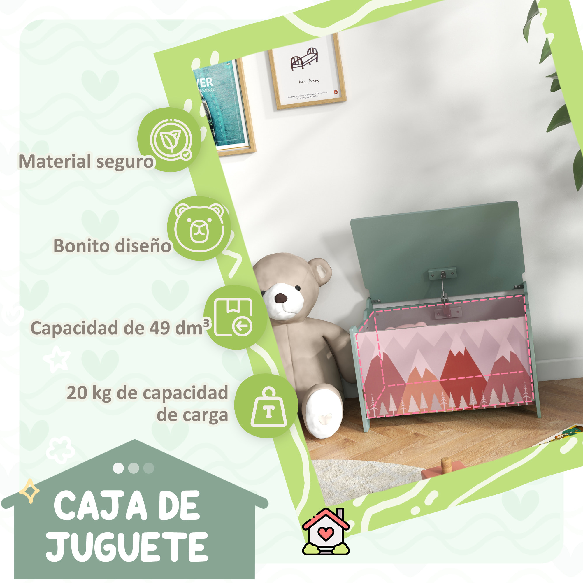 Conjunto para Niños Incluye 1 Cama Infantil de Madera Carga Máx. 40 kg 143x77x60 cm y 1 Baúl de Almacenamiento 60x37x39 cm con Estampados Verde