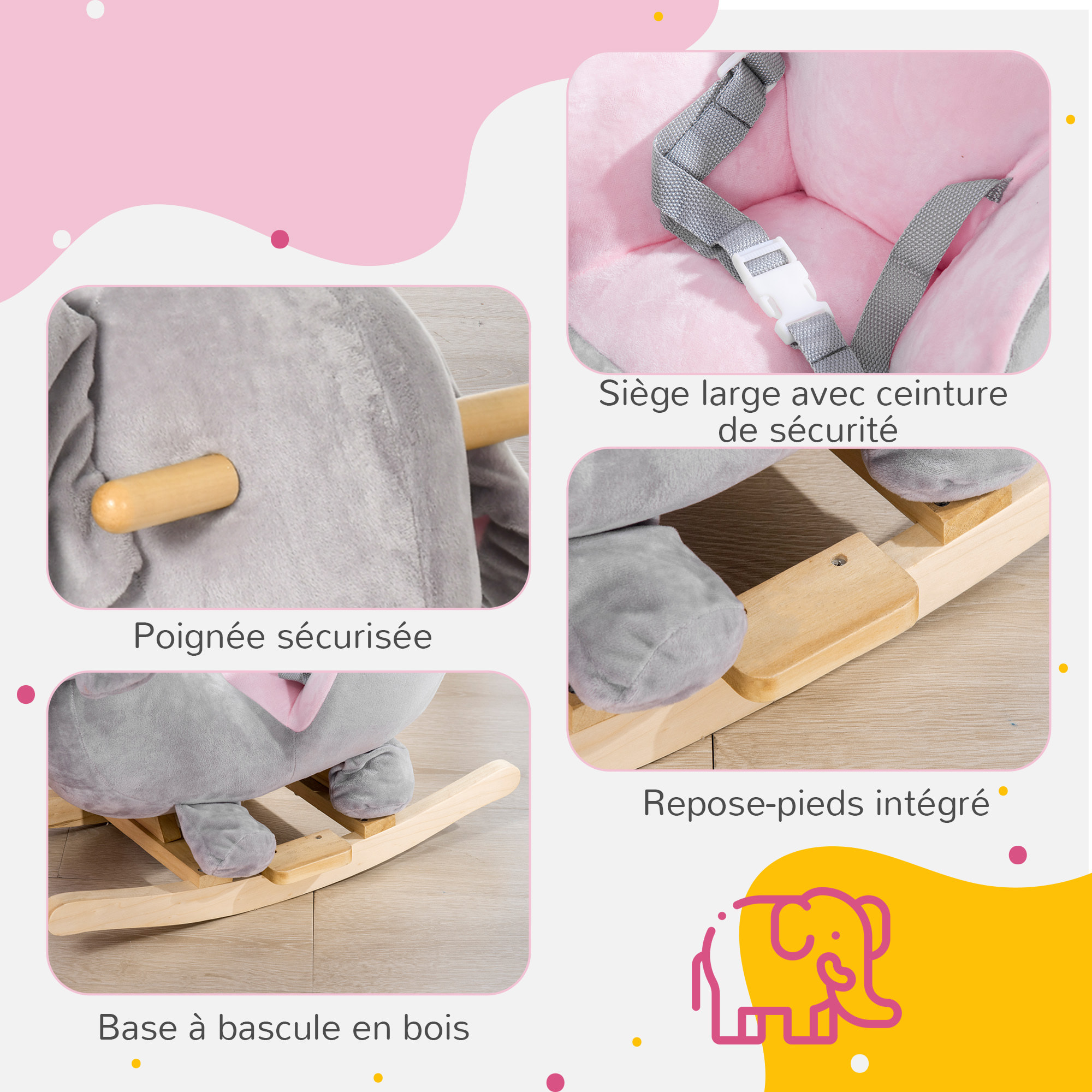 Jouet à bascule éléphant pour enfant +18 mois effet sonore poignées siège ceinture réglable gris