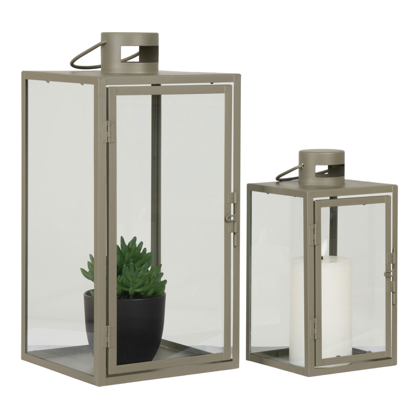 Set 2 lanterne in metallo e vetro Corfu — verde salvia, misure graduate