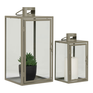 Set 2 lanterne in metallo e vetro Corfu — verde salvia, misure graduate