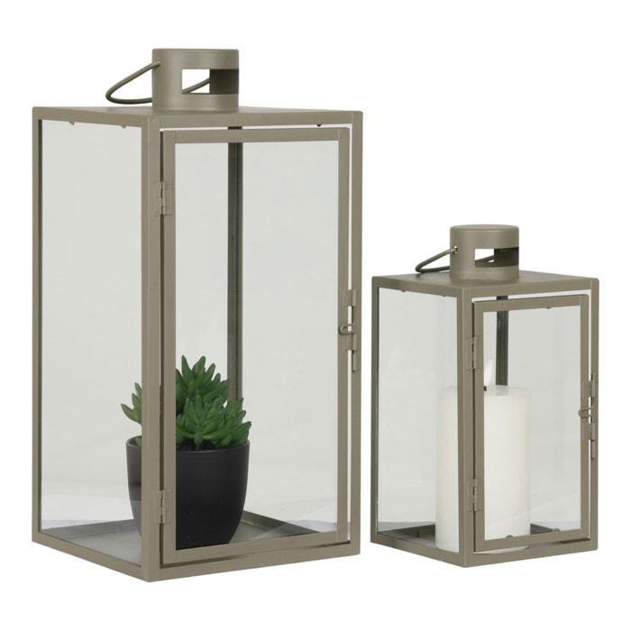 Set 2 lanterne in metallo e vetro Corfu — verde salvia, misure graduate