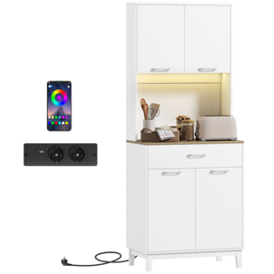 Alacena de Cocina con Luces LED y Estación de Carga, Control por APP, Mueble Auxiliar de Cocina con 4 Puertas, Cajón, Encimera Abierta para Microondas, Estantes Ajustables, 71x40x180 cm, Blanco