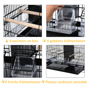 Cage à oiseaux mangeoires perchoirs 4 portes plateau excrément poignée métal PP noir