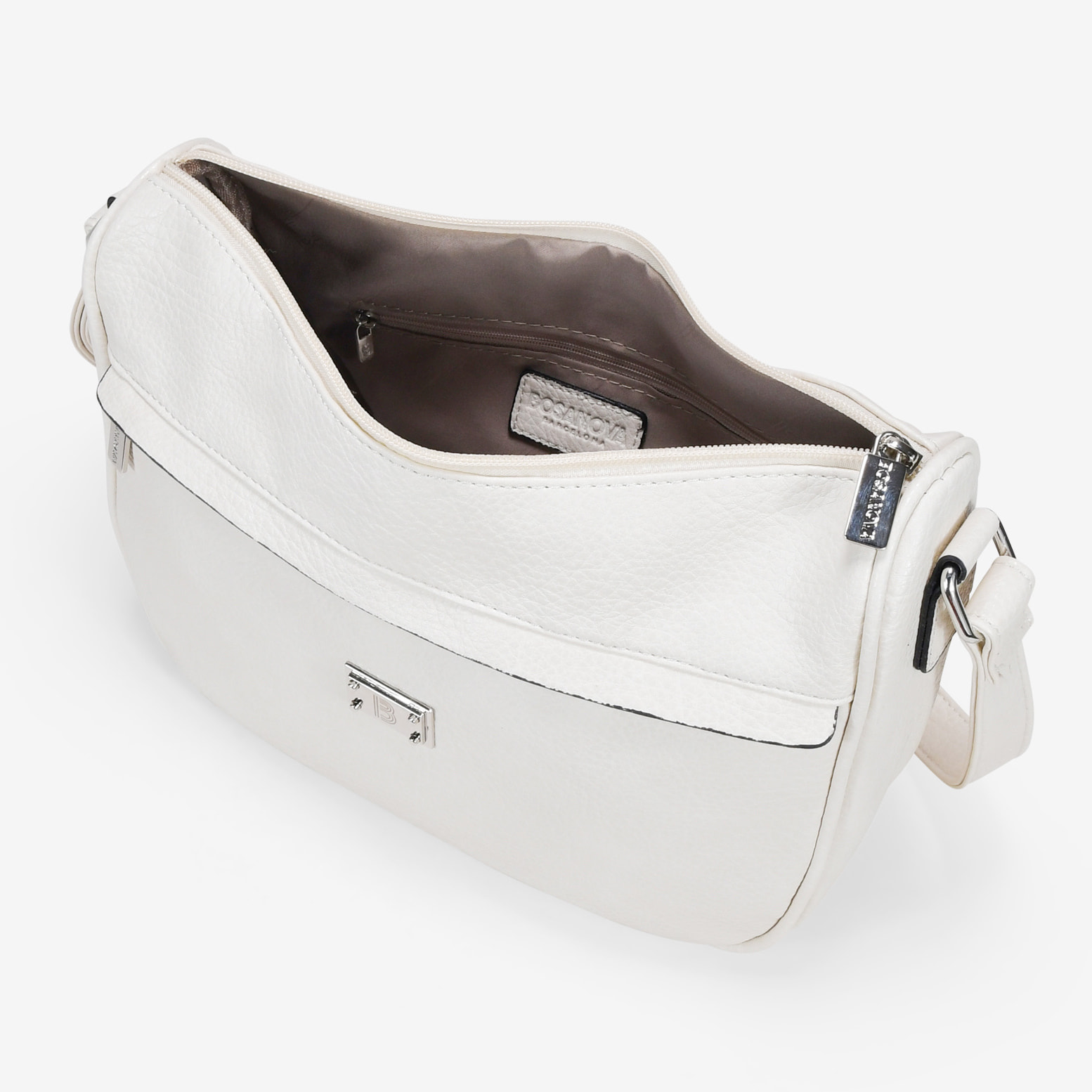 Bolso bandolera beige con bolsillo frontal y logo