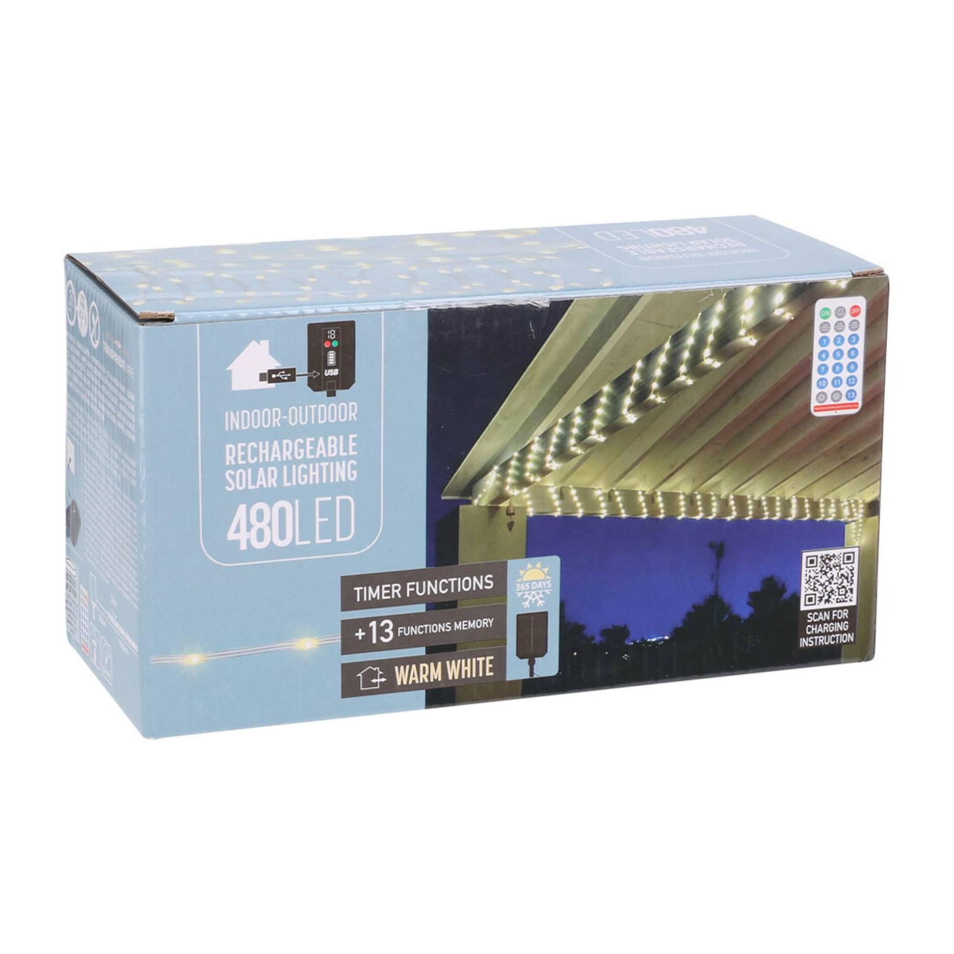 Guirnalda de luces solares recargables de 480 luces led blanco cálido con control remoto