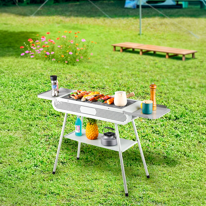 Barbecue portatile a carbone K-701 con design pieghevole, maniglia per il trasporto, ventilazione ottimizzata e ampi vassoi di stoccaggio integrati.