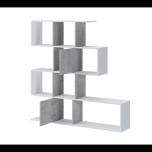 Libreria Moderna Asimmetrica Porta Libri Mensole Ripiani Design Bifacciale Con Vani Aperti e Chiusi 145 x 27,8 x 142 Cm Bianco e Grigio Cemento