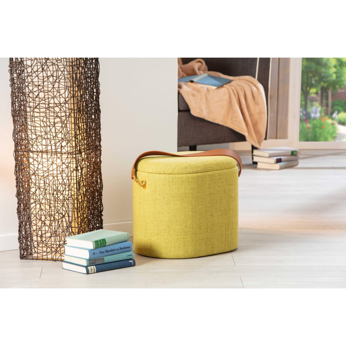 Pouf contenitore in tessuto con maniglia in ecopelle, colore giallo-verde, cm 42x30x36