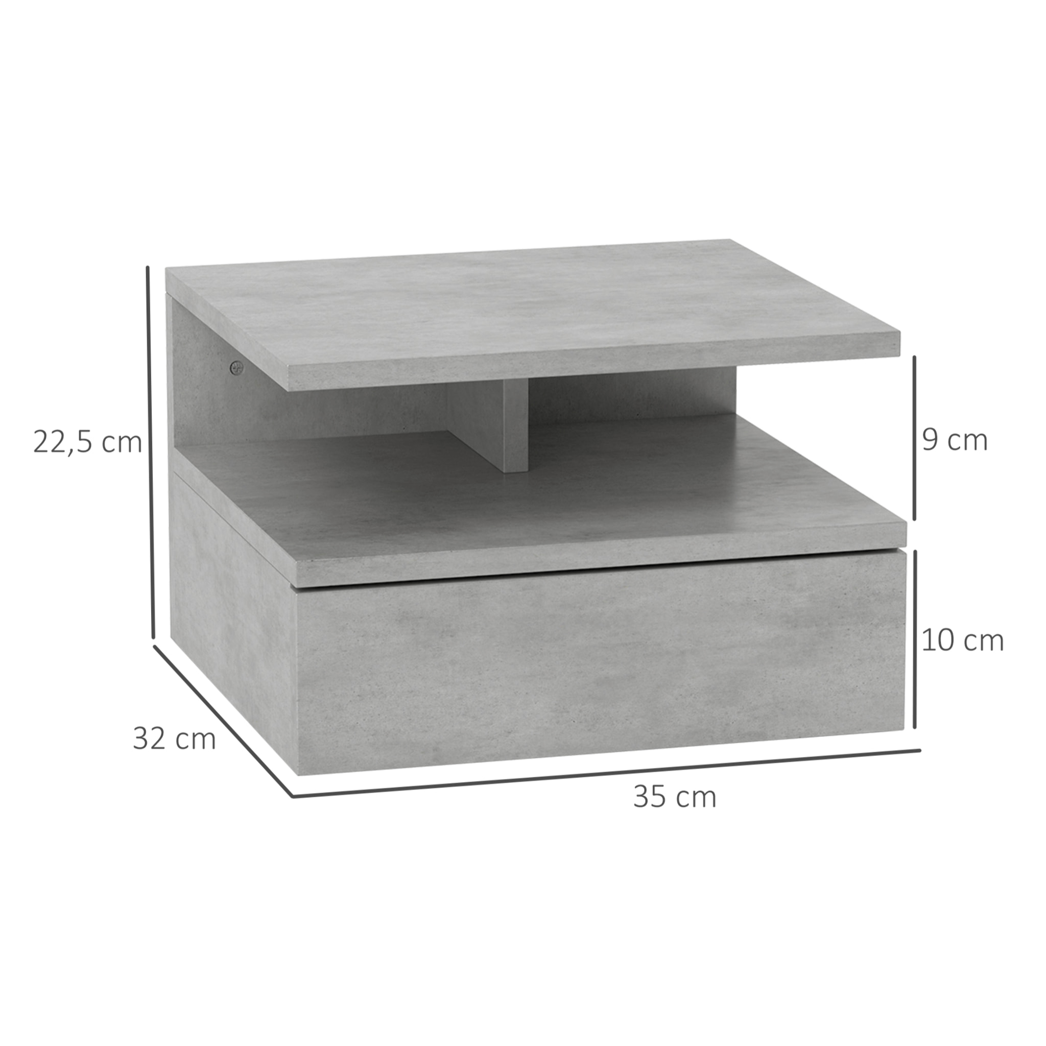 Lot de 2 tables de chevet murales - lot de 2 tables de nuit - tiroir coulissant, niche et plateau - gris ciment