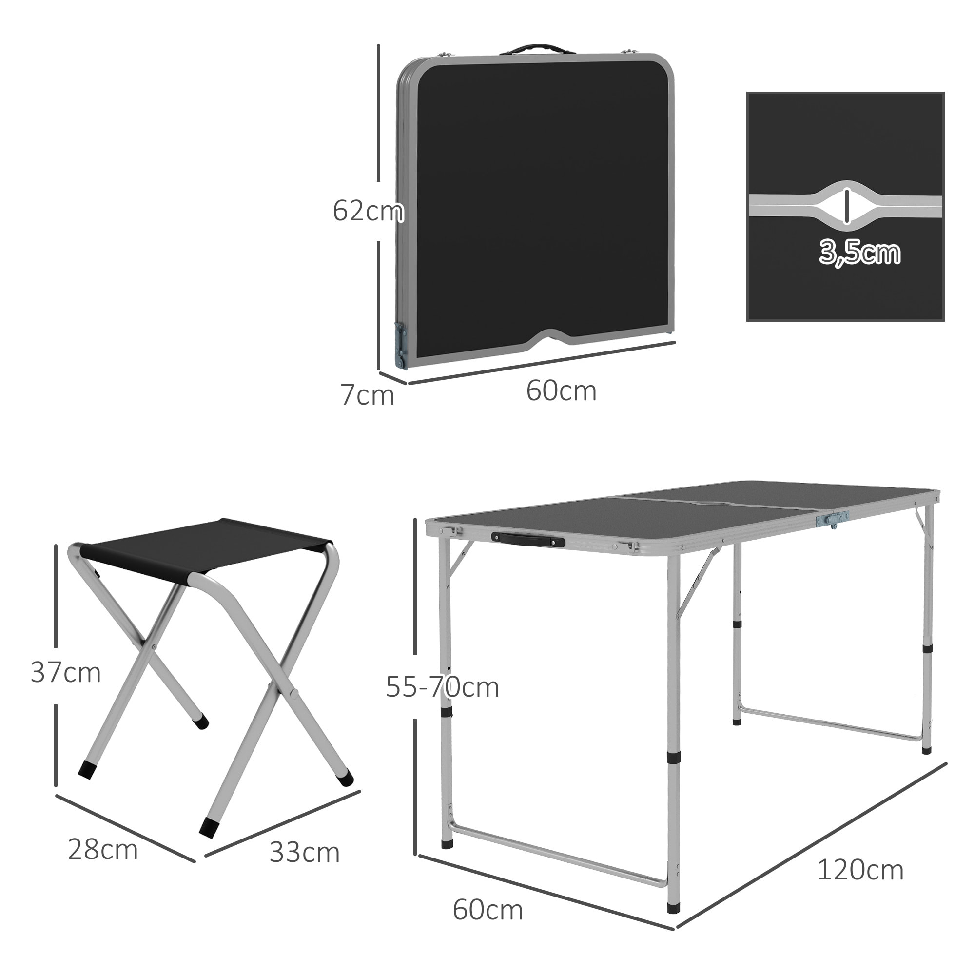 Conjunto de Camping de 5 Piezas Mesa para Camping Plegable con Sillas Incluye 1 Mesa Ajuatsble en Altura con Orificio para Sombrilla 120x60x55-70 cm y 4 Taburetes Plegables Negro